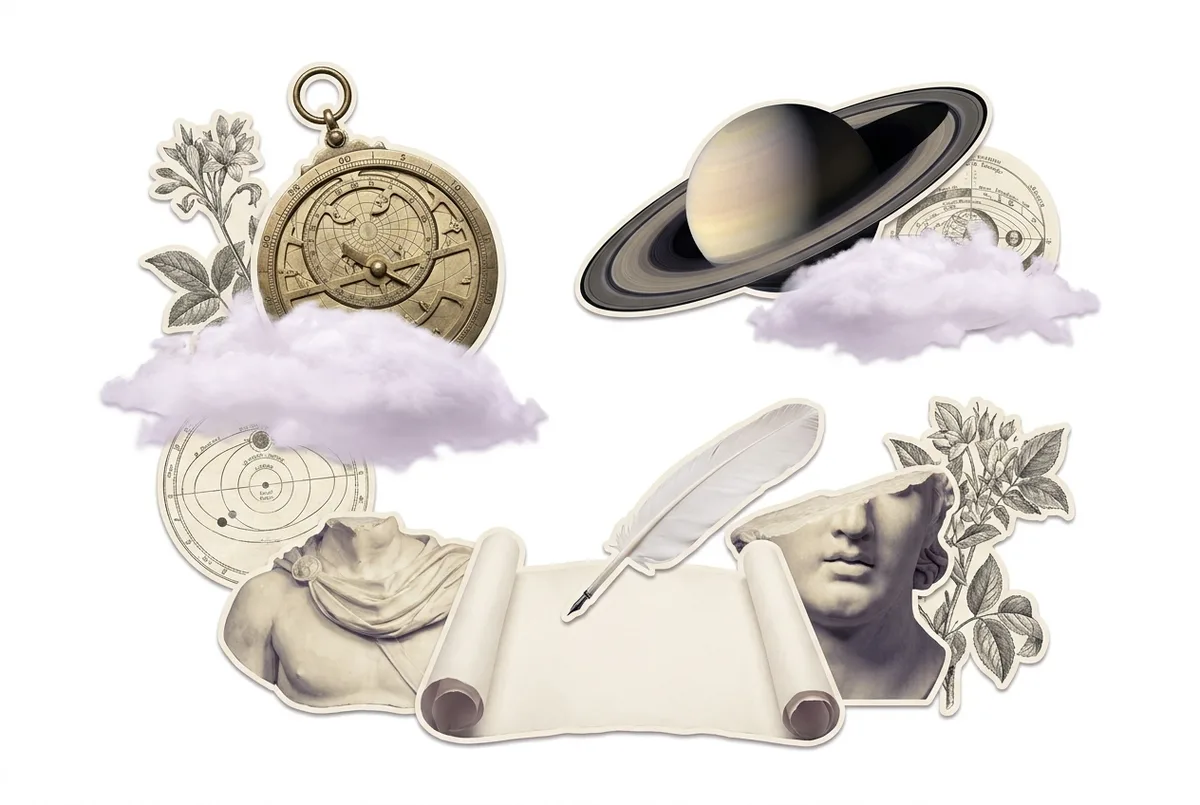 Collage surrealista: astrolabio de bronce junto a Saturno sobre nubes lilas, pluma y pergamino en blanco