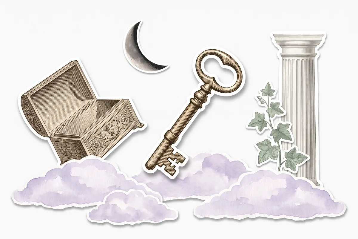 Collage surrealista: una llave antigua de bronce, un joyero abierto y vacío, luna menguante y hiedra grabada sobre nubes lilas