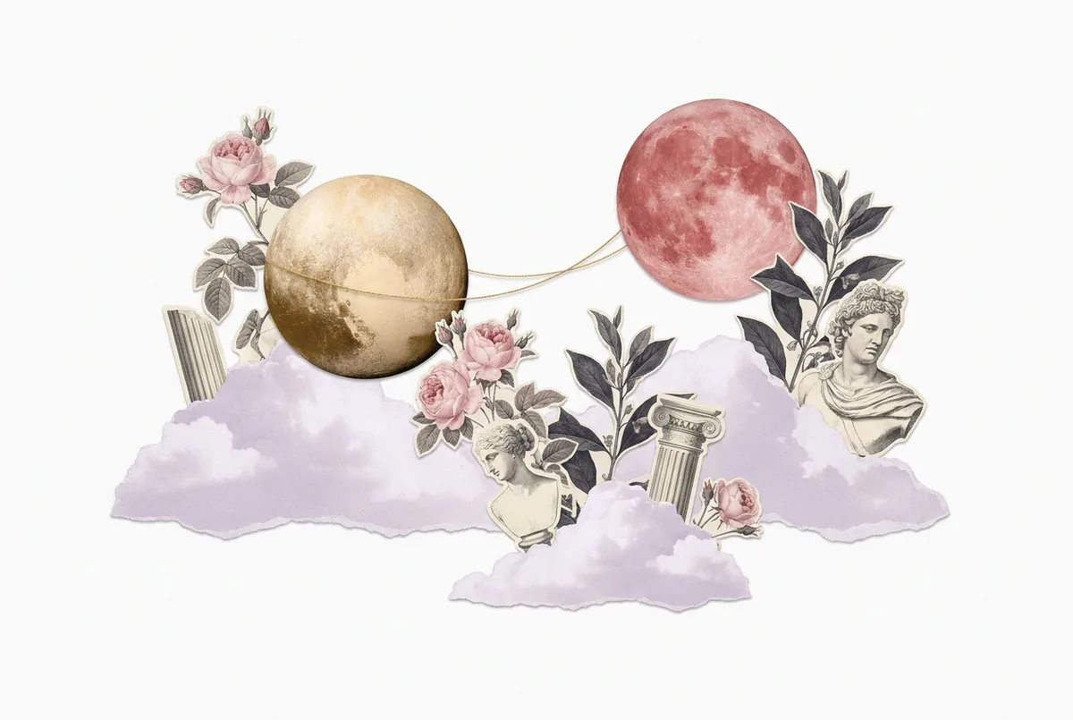 Collage surrealista en tonos lilas sobre la maternidad y la espera