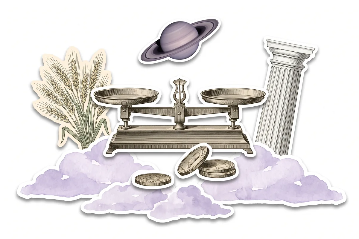 Collage surrealista: una balanza de bronce con los platos vacíos, monedas antiguas, Saturno y una espiga de trigo grabada sobre nubes lilas