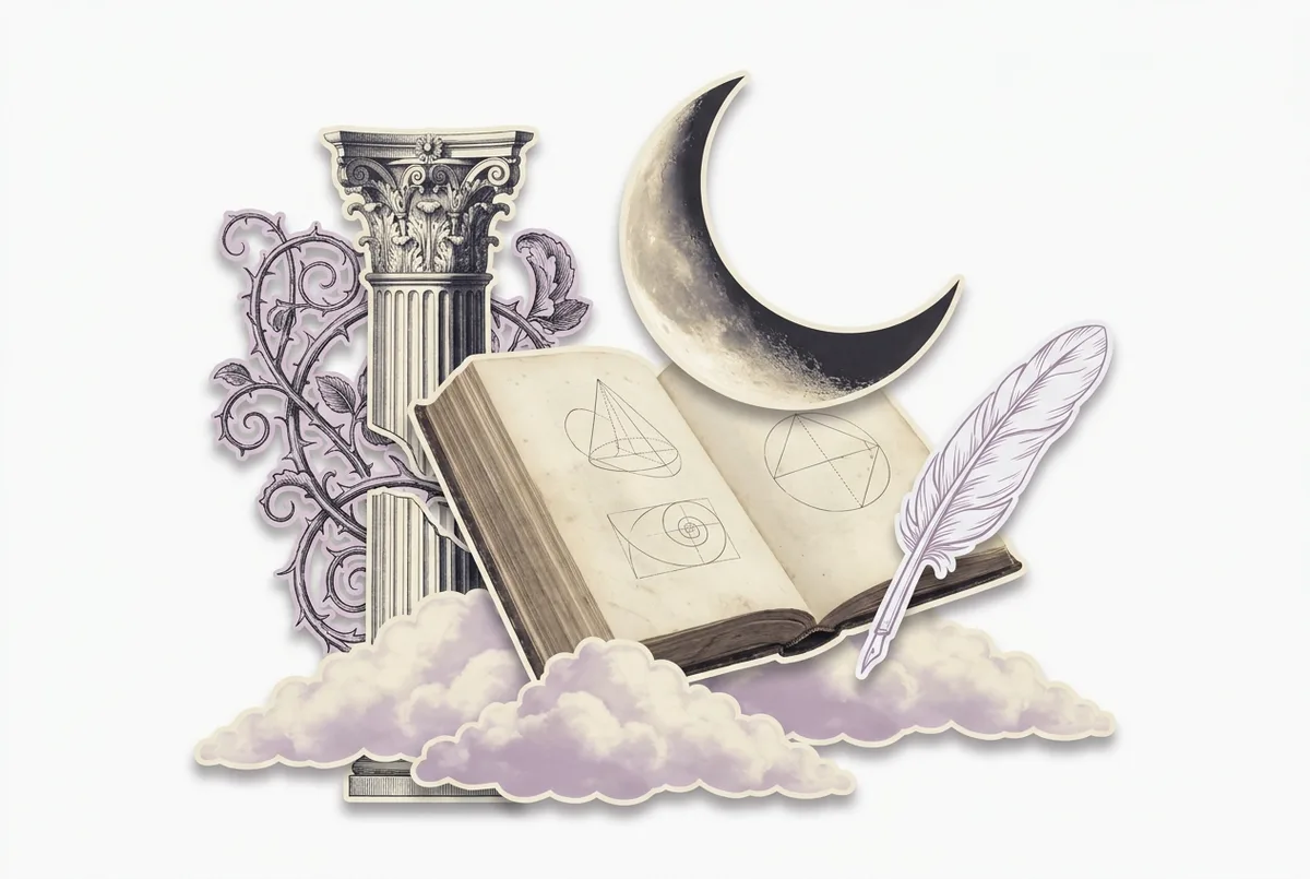 Collage surrealista: libro del siglo XVII con grabados, luna creciente, columna clásica y pluma